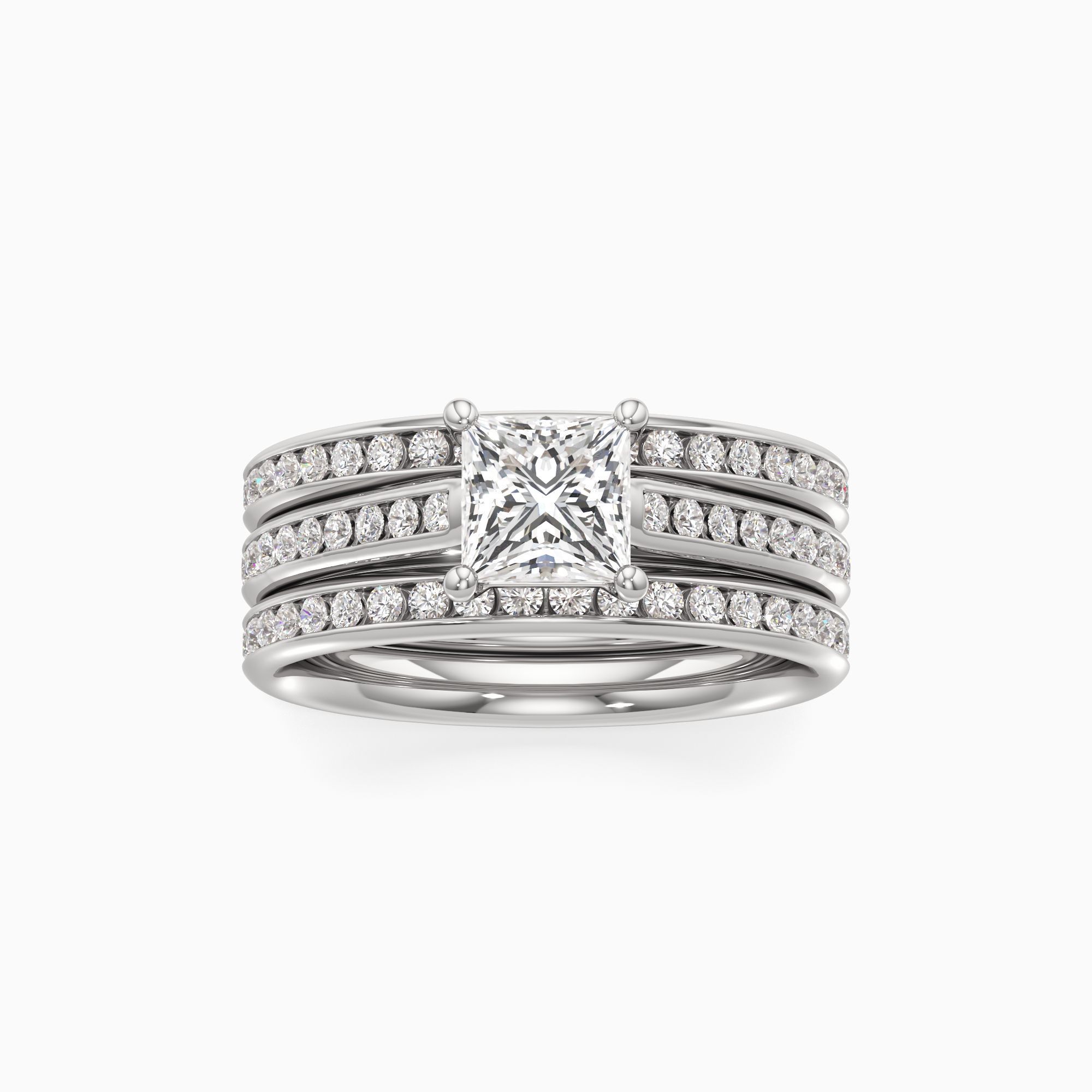 Carmen Cathedral Natural Diamond Princess-Cut Engagement Ring with Wedding Bands - Through Finger view – Image 3 of 4
