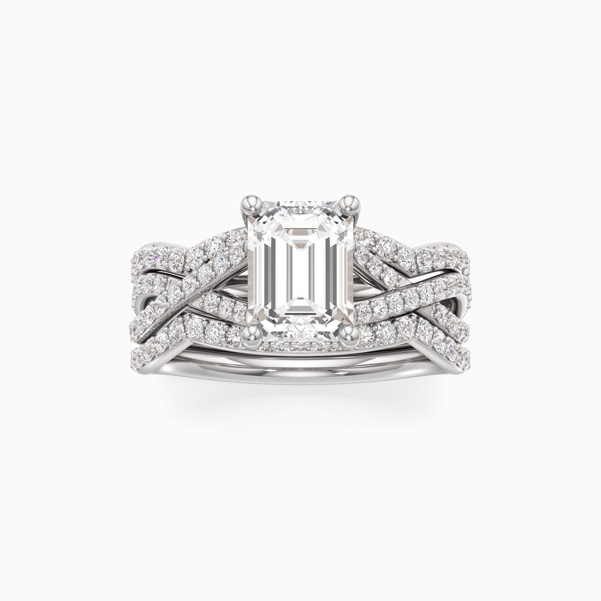 Delia Twist Lab Grown Diamond Emerald-Cut Engagement Ring with Wedding Bands - Through Finger view – Image 3 of 4