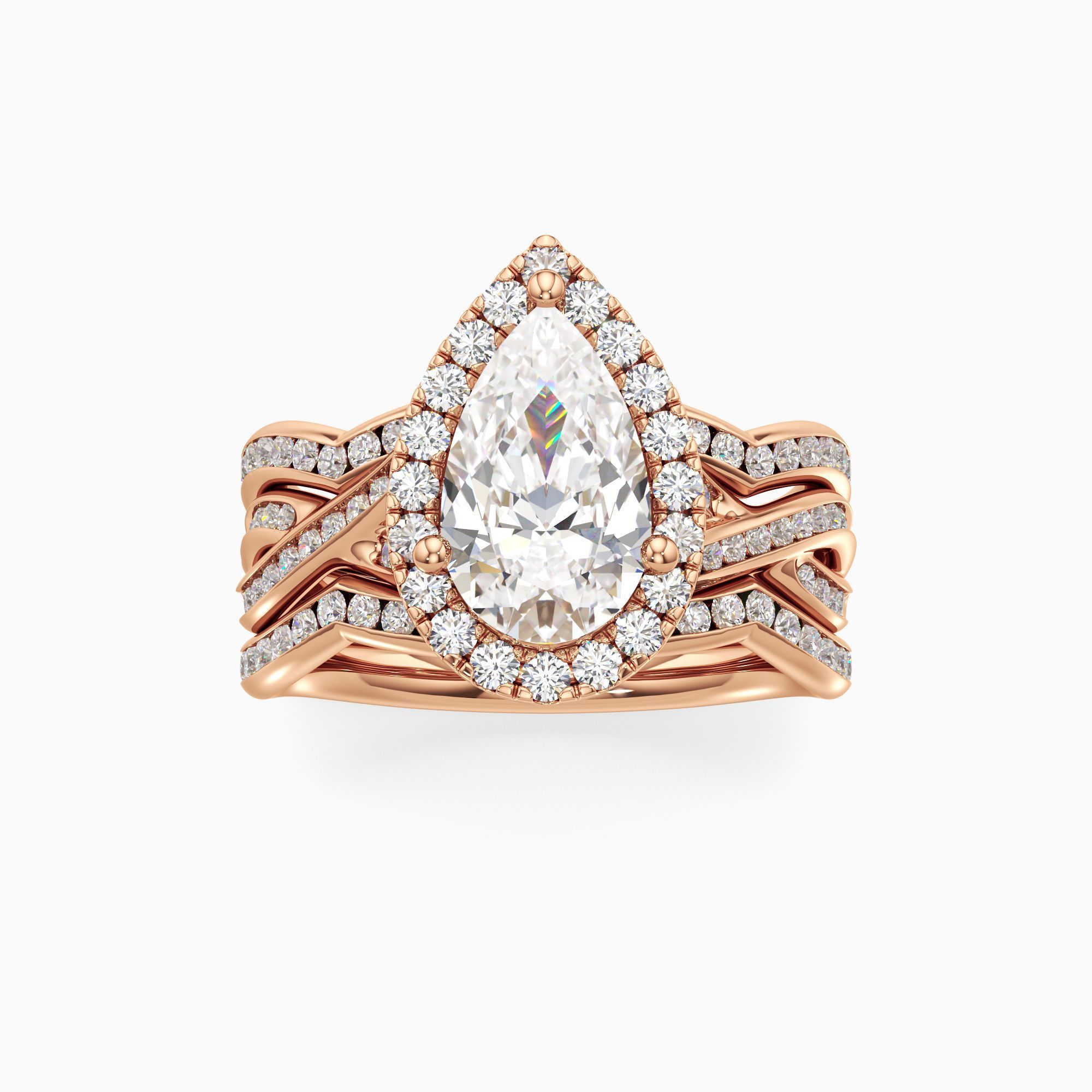 Delia Twist Lab Grown Diamond Pear-Shaped Engagement Ring with Wedding Bands - Through Finger view – Image 3 of 4