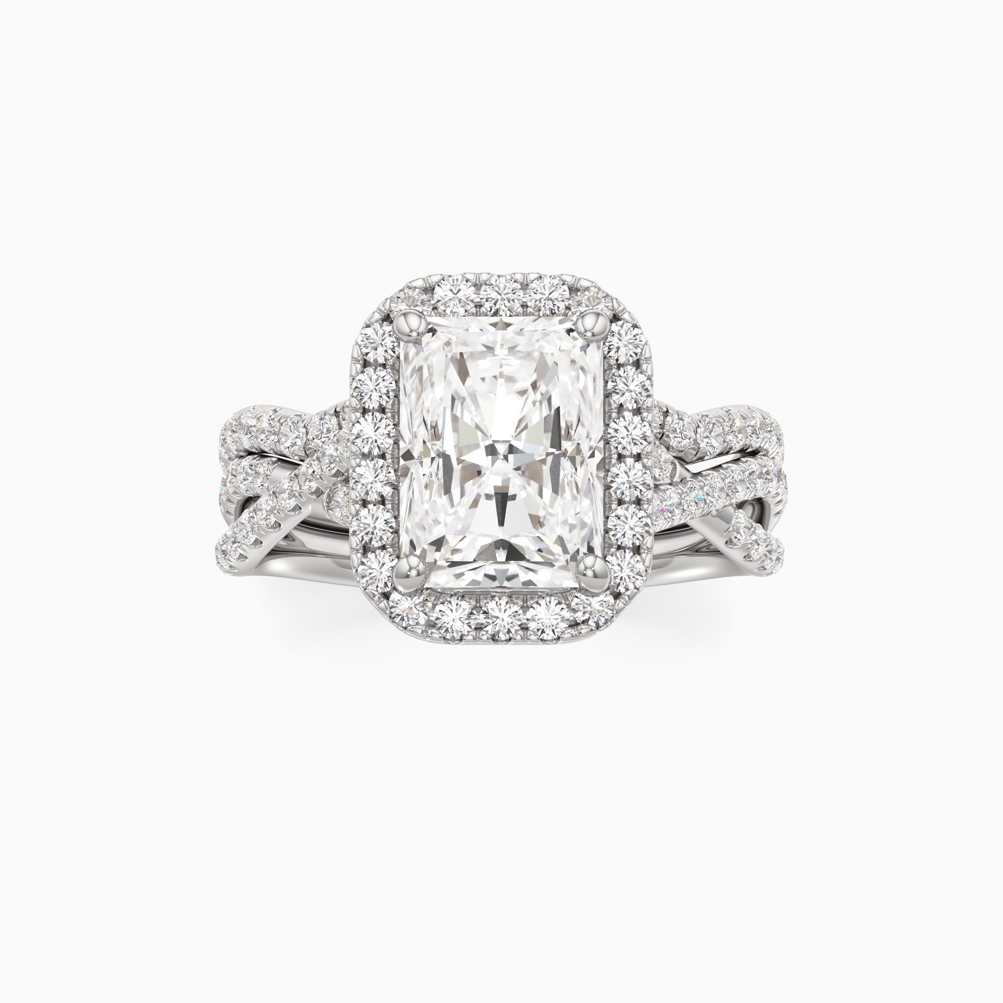 Delia Twist Lab Grown Diamond Radiant-Cut Engagement Ring with Wedding Band - Through Finger view – Image 3 of 4
