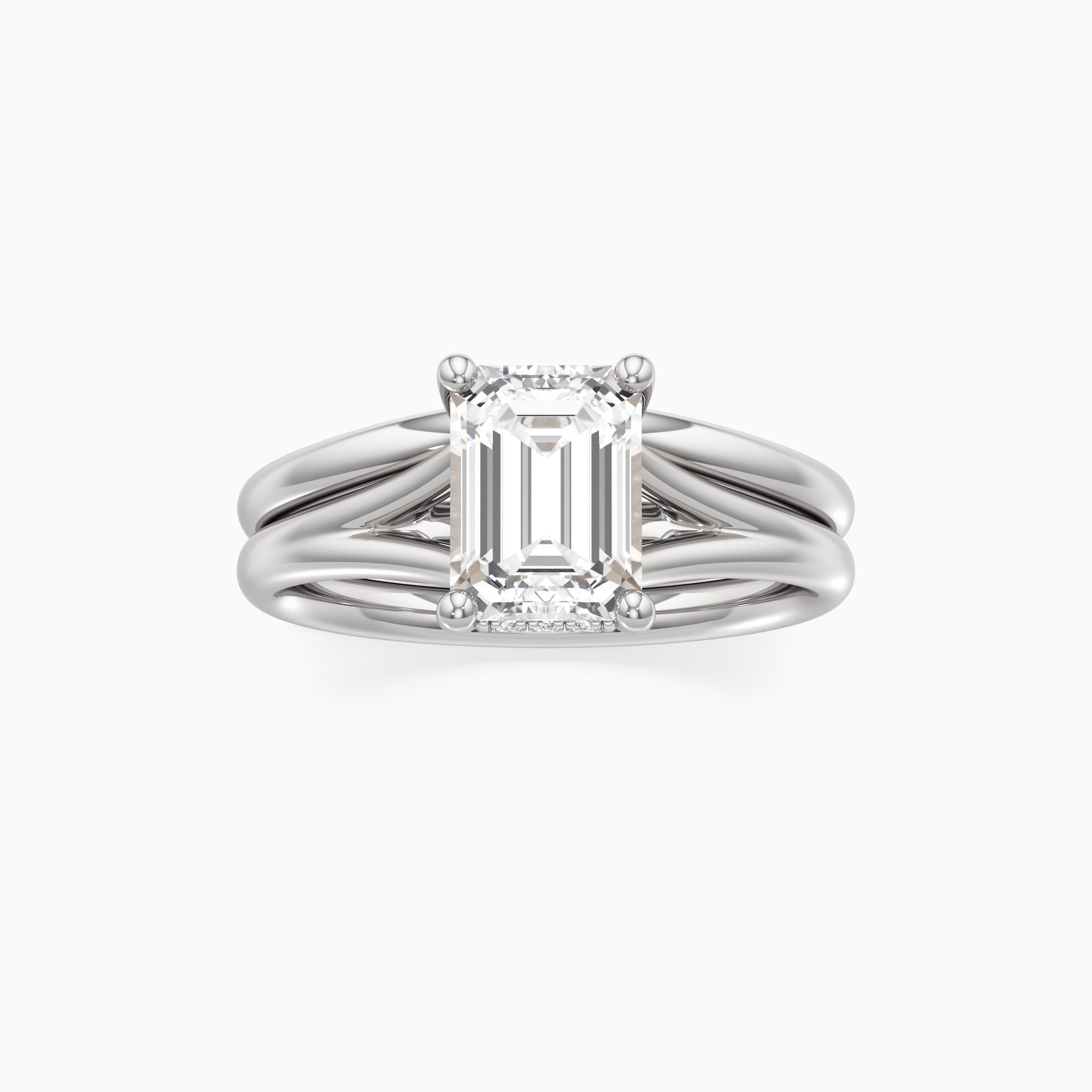 Emma Split Lab Grown Diamond Emerald-Cut Engagement Ring with Wedding Band - Through Finger view – Image 3 of 4