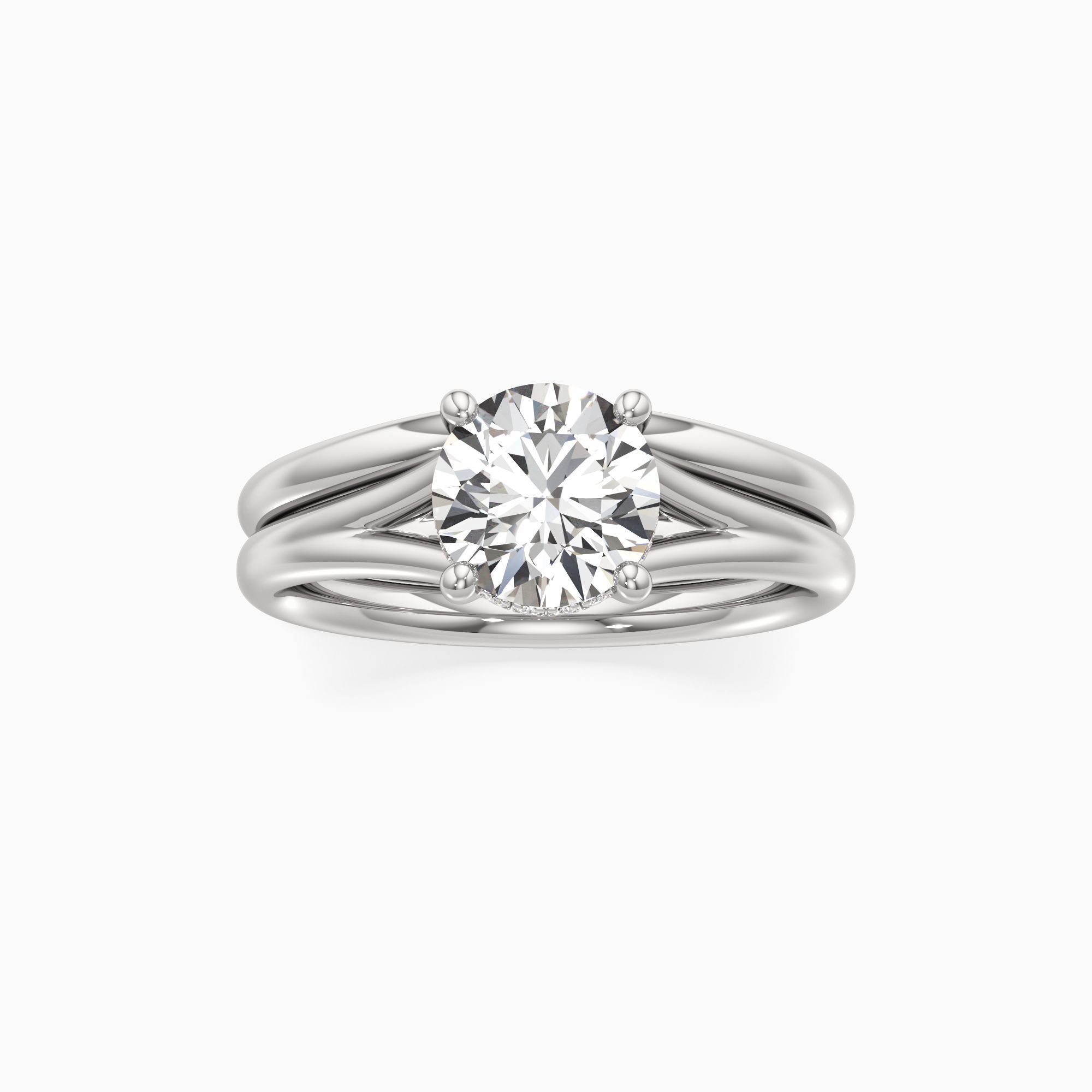 Emma Split Natural Diamond Round Engagement Ring with Wedding Band - Through Finger view – Image 3 of 4