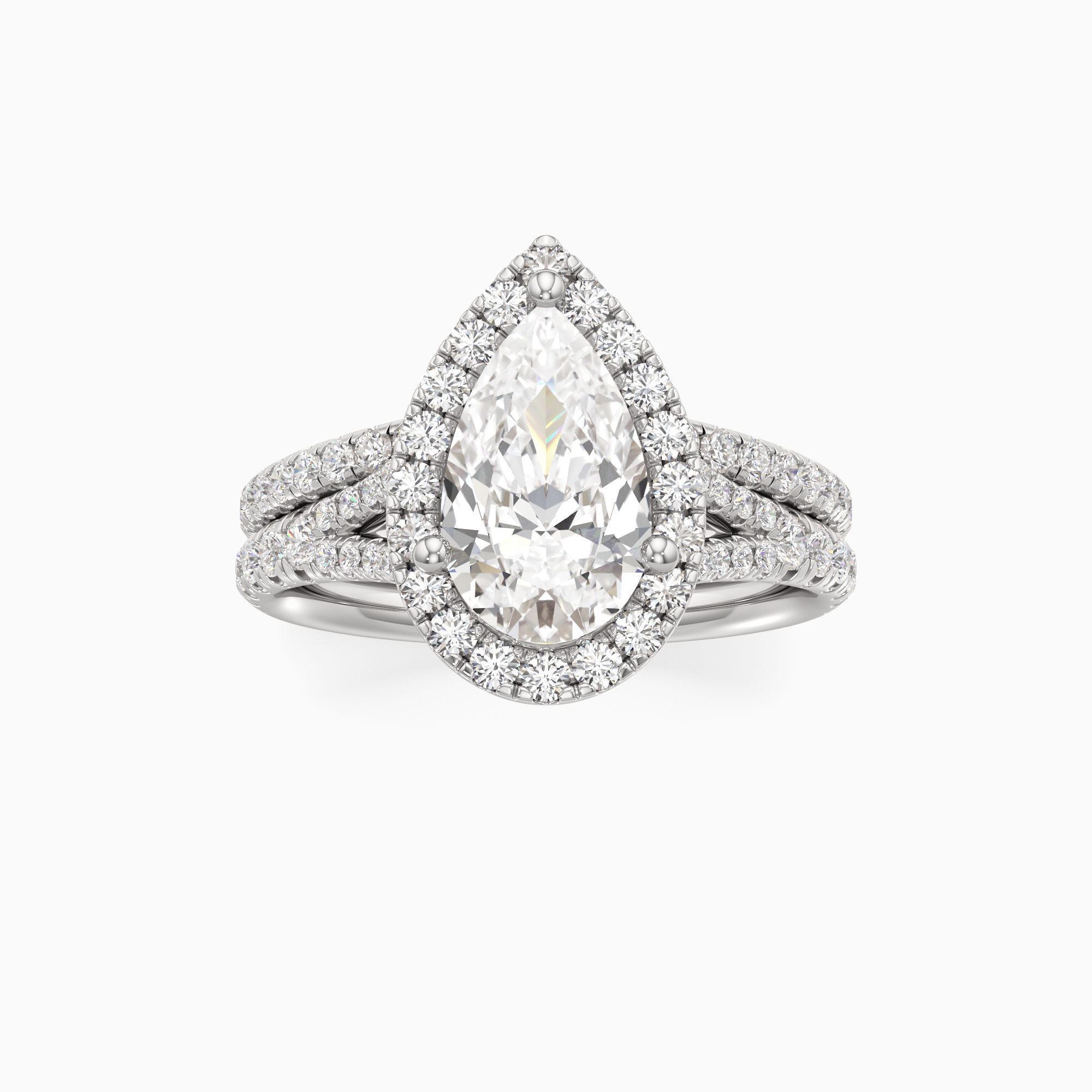 Emma Split Natural Diamond Pear-Shaped Engagement Ring with Wedding Band - Through Finger view – Image 3 of 4