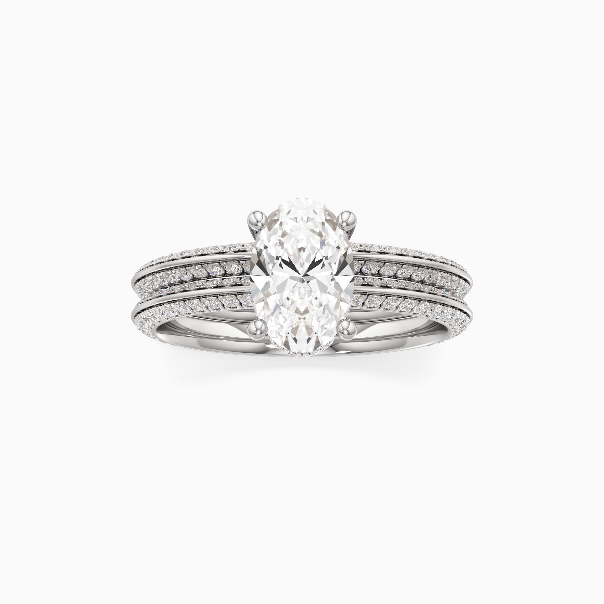 Nell Knife Edge Lab Grown Diamond Oval Engagement Ring with Wedding Band - Through Finger view – Image 3 of 4