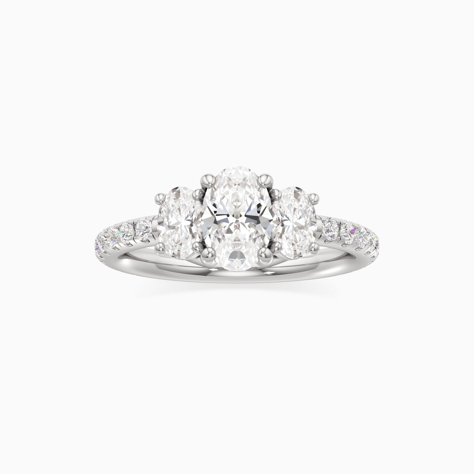 Stella Three Stone Lab Grown Diamond Oval Engagement Ring - Through Finger view – Image 3 of 4