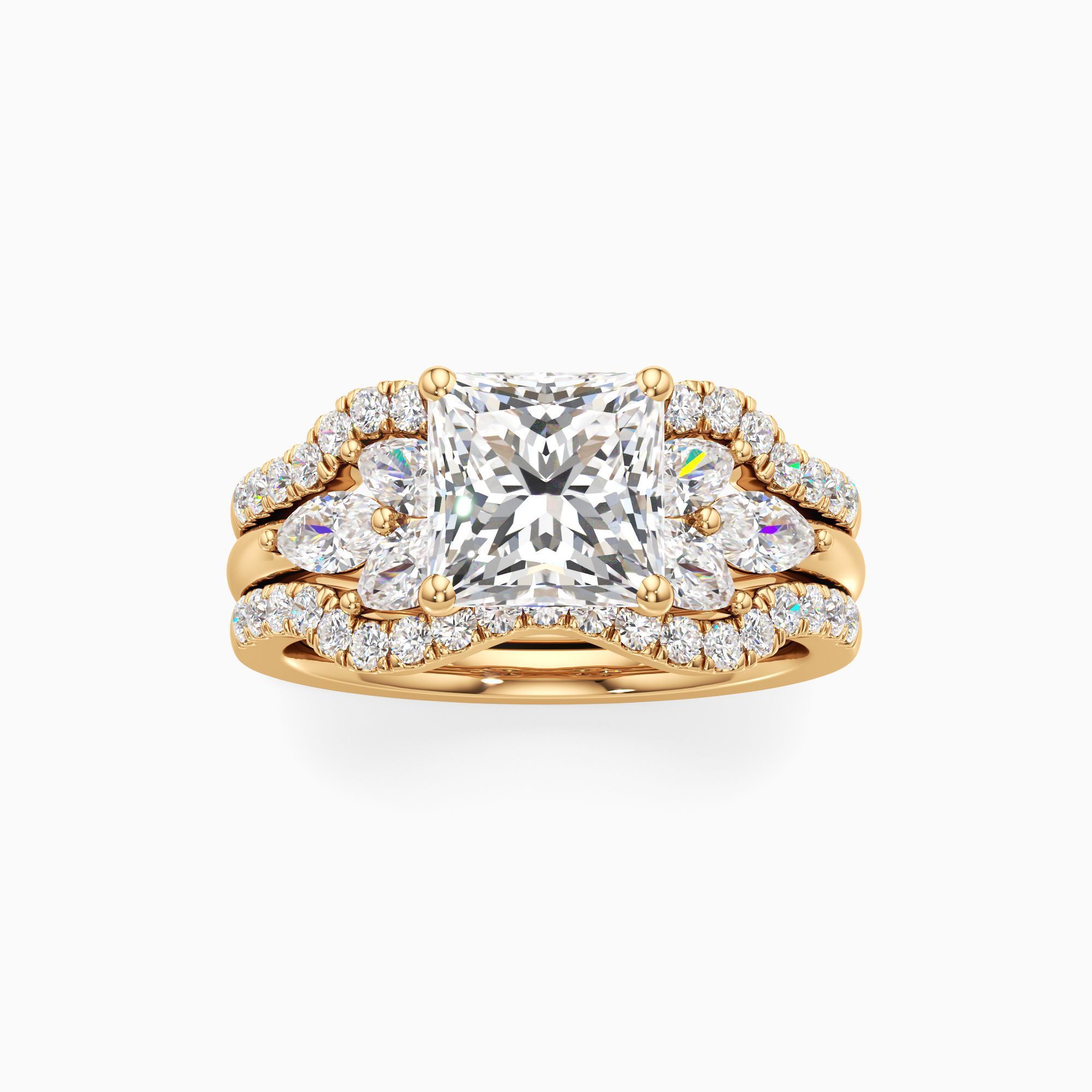 Alexa Natural Diamond Princess-Cut Engagement Ring with Wedding Bands - Through Finger view – Image 3 of 4