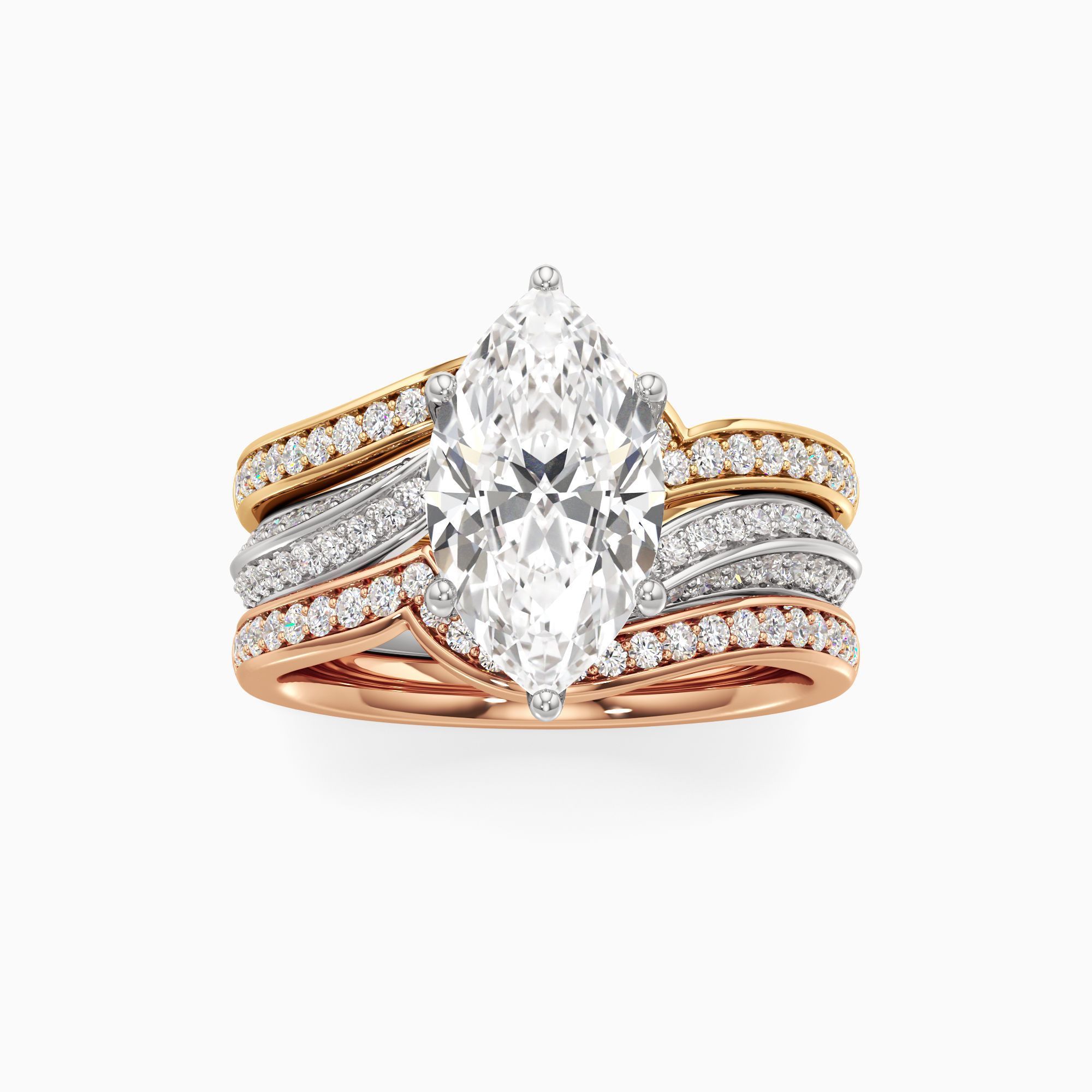 Yara Lab Grown Diamond Marquise-Cut Engagement Ring with Wedding Bands - Through Finger view – Image 3 of 4