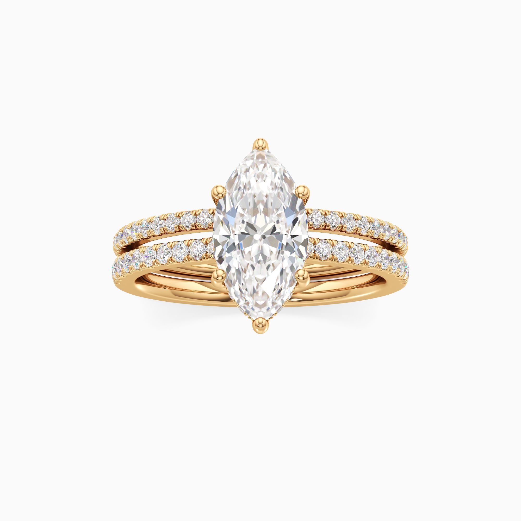 Christina 6 Prong Hidden Halo Lab Grown Diamond Marquise-Cut Engagement Ring with Wedding Band - Through Finger view – Image 3 of 4