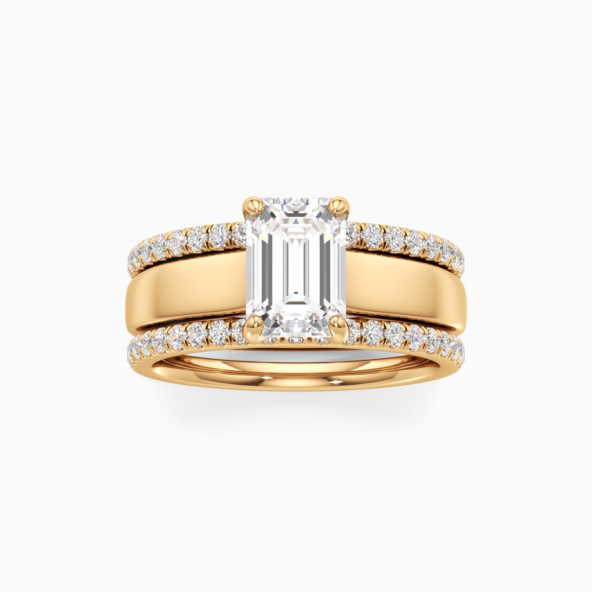 Devon Natural Diamond Emerald-Cut Engagement Ring with Wedding Bands - Through Finger view – Image 3 of 4