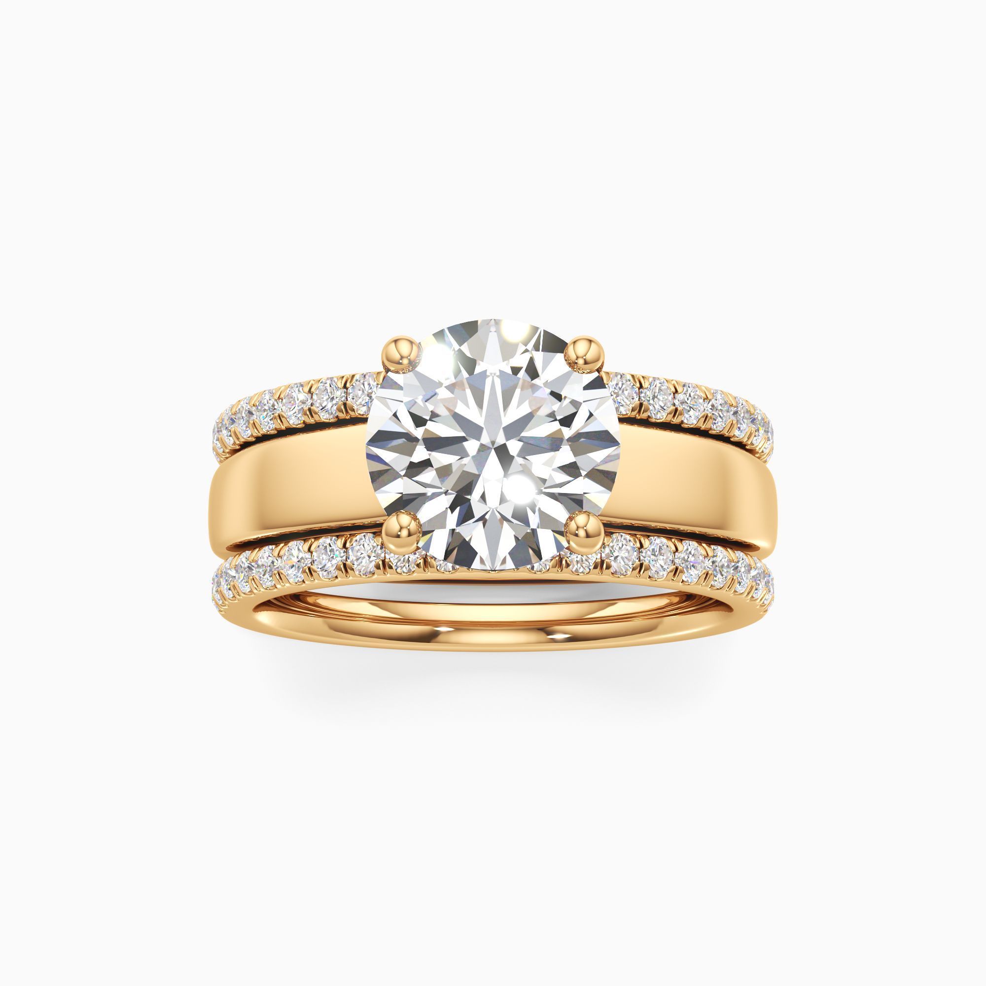 Devon Lab Grown Diamond Round Engagement Ring with Wedding Bands - Through Finger view – Image 3 of 4