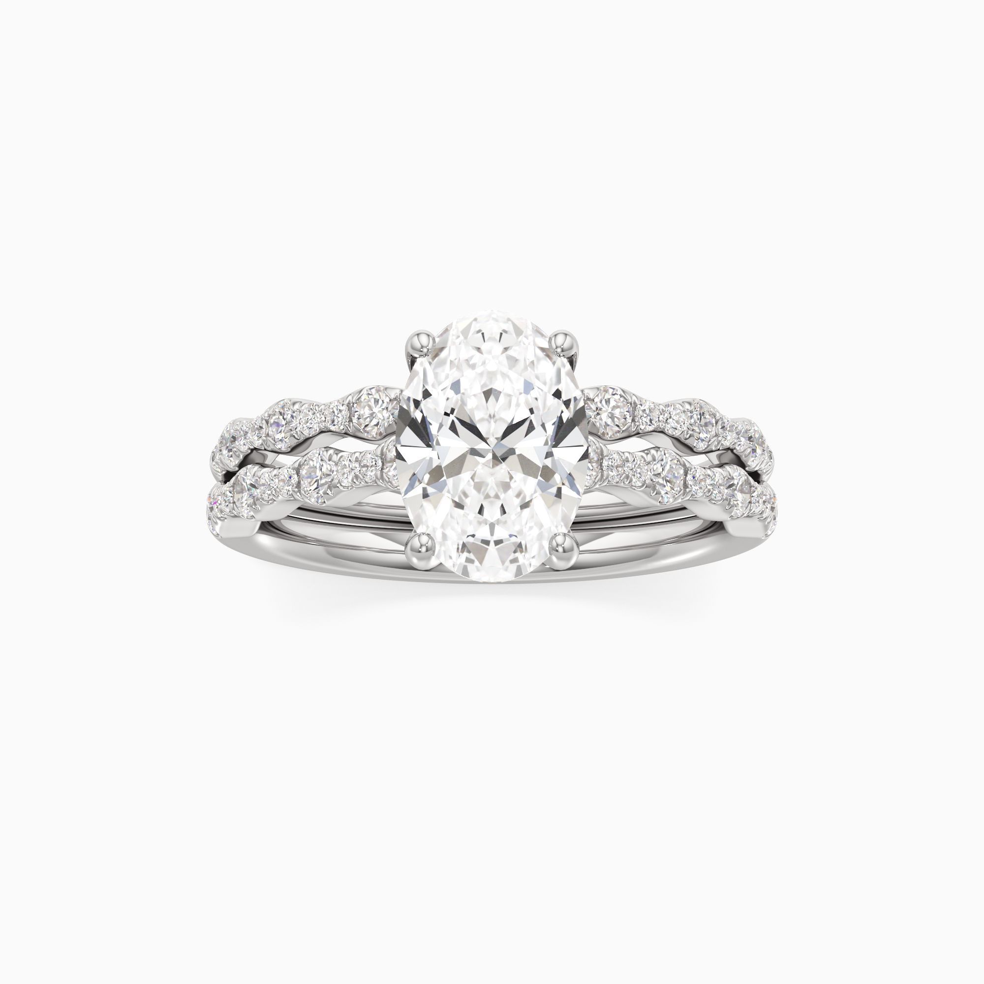 Geneva Lab Grown Diamond Oval Engagement Ring with Wedding Band - Through Finger view – Image 3 of 4
