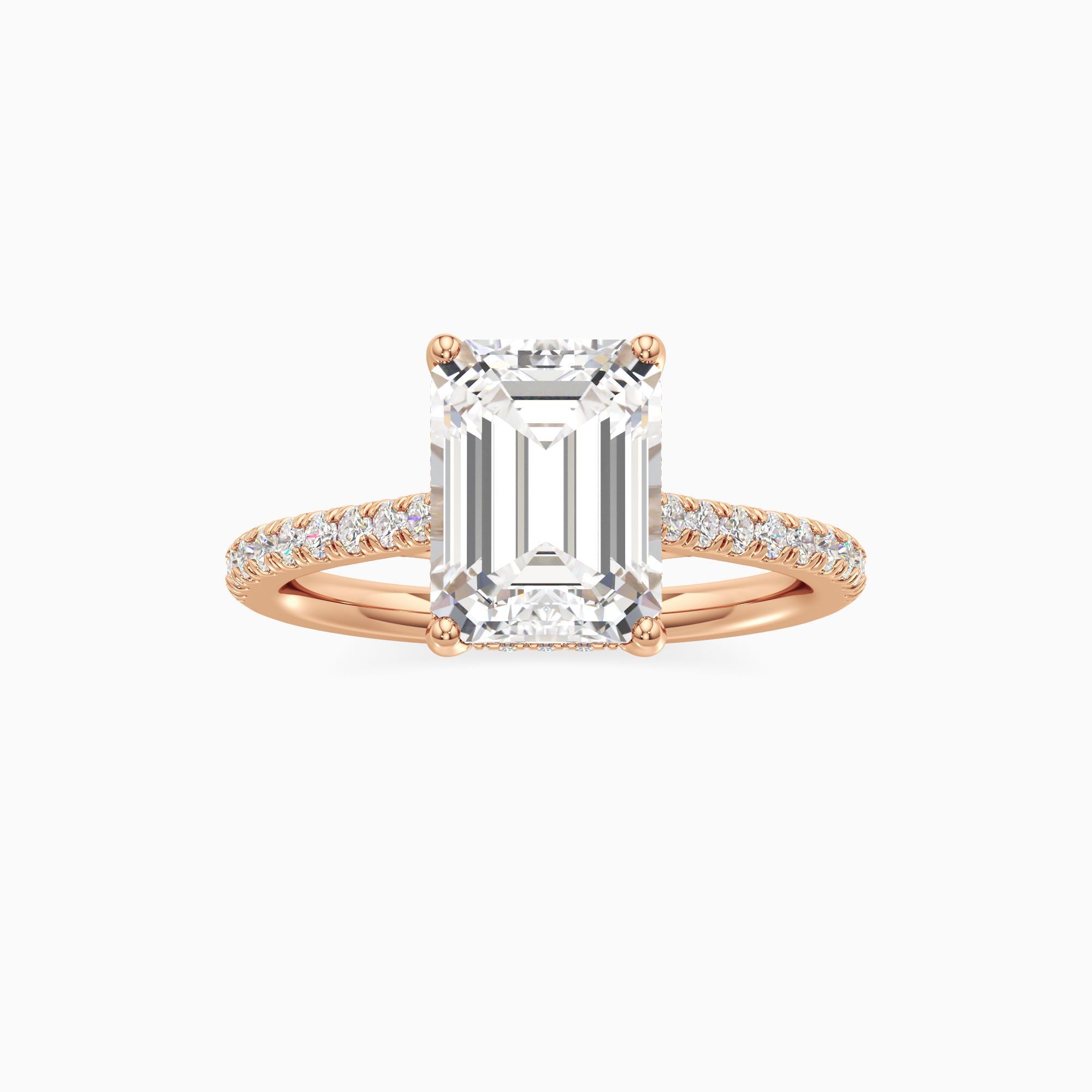 Luce Hidden Halo Lab Grown Diamond Emerald-Cut Engagement Ring - Through Finger view – Image 3 of 4