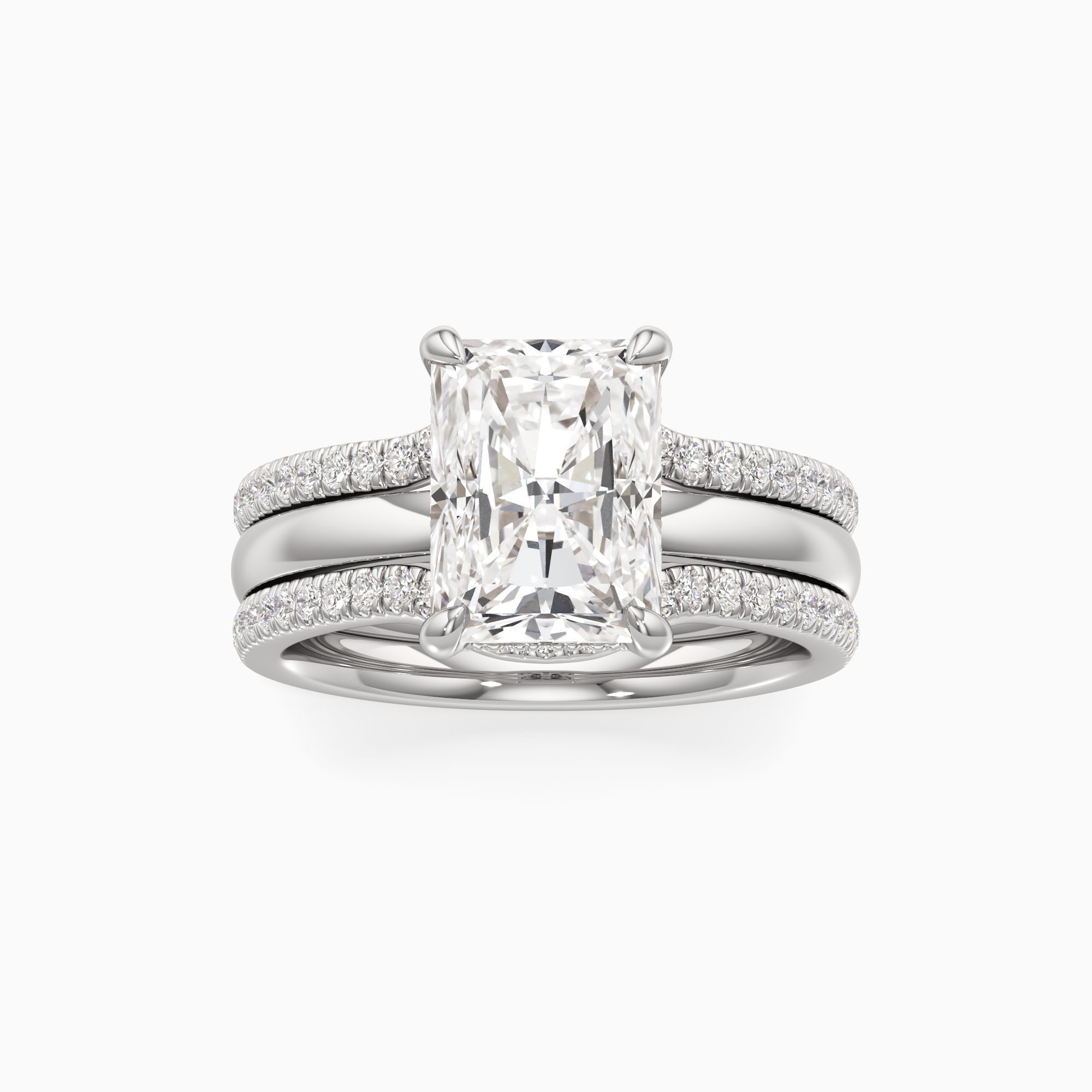 rêve Cara Lab Grown Diamond Radiant-Cut Engagement Ring with Wedding Bands - Through Finger view – Image 3 of 4
